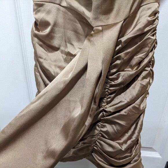 New Lavish Alice | Satin Cowl Neck Gathered Minidress in Bronze - Picture 8 of 14